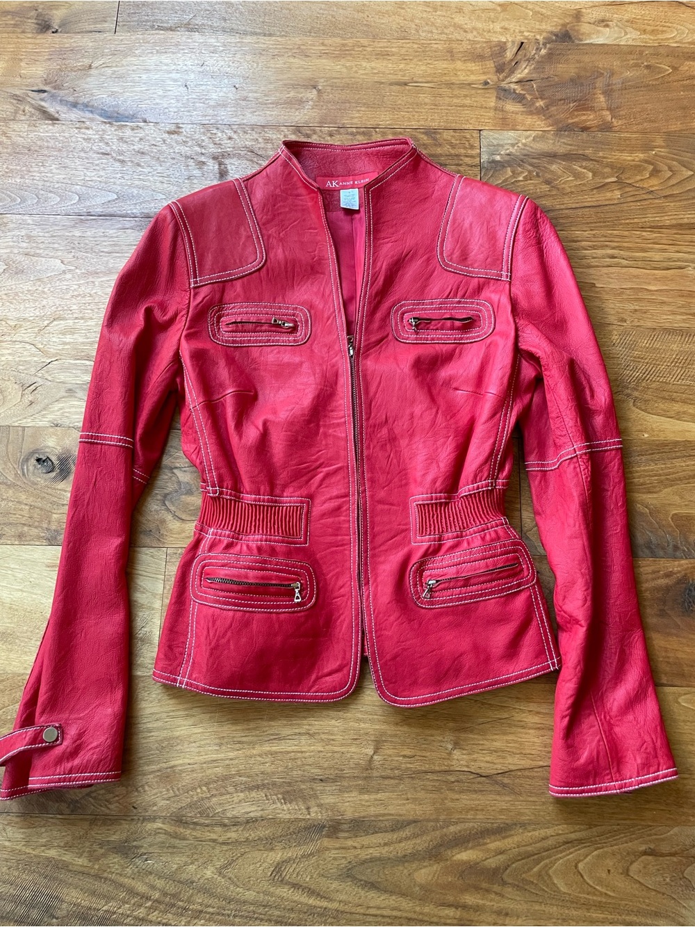 Anne Klein Red Zip-Front Genuine Leather Hour Glass Peplum Jacket size S - Picture 6 of 12